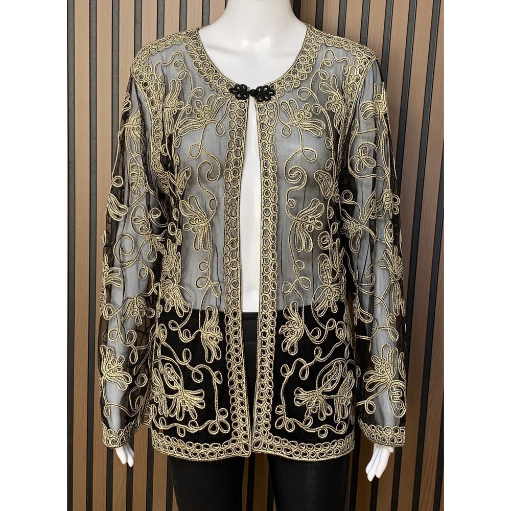 ISC Black Gold Mesh Soutache Embroidered Frog Closure Cardigan PM Artsy